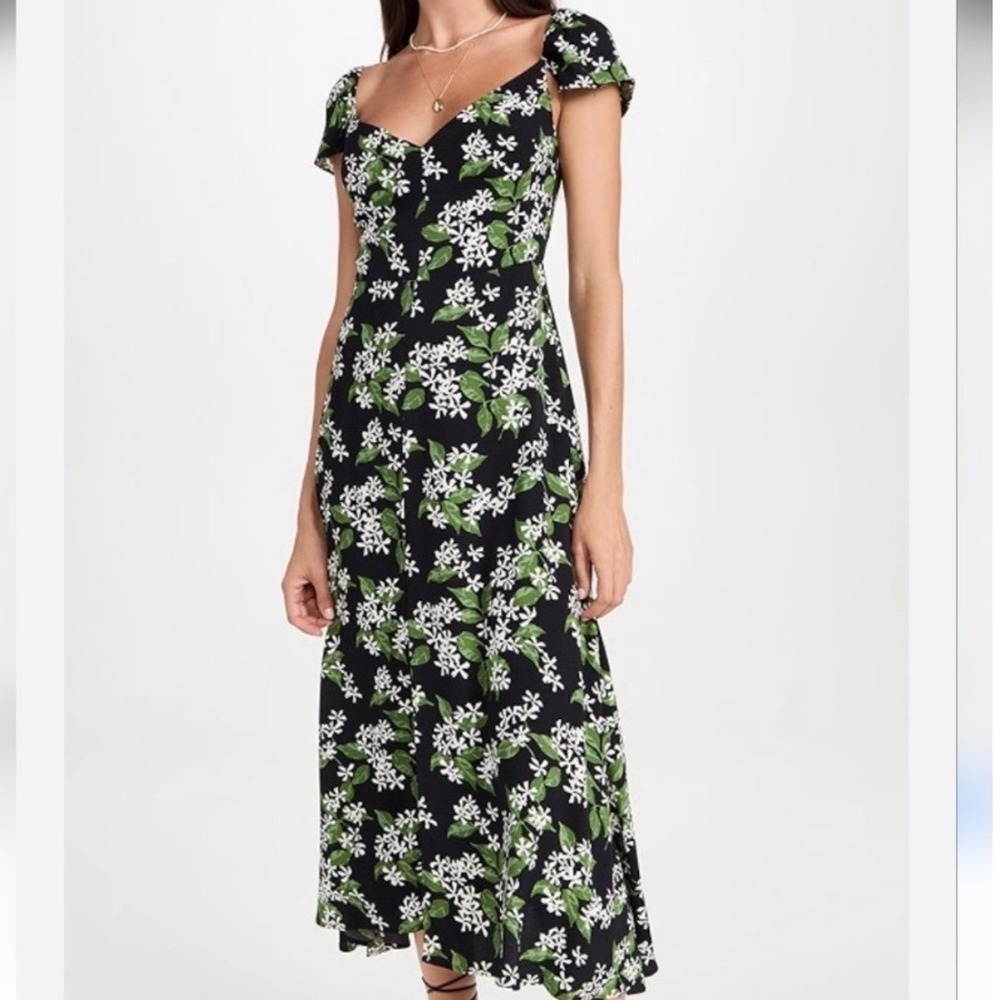 Reformation Baxley Floral Print Midi Dress Black White Green Size 8